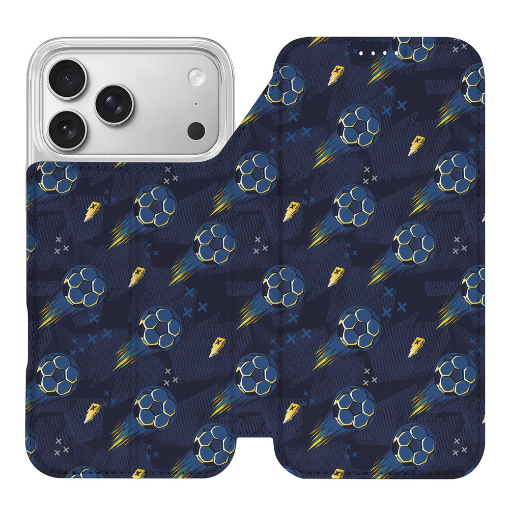 iPhone 17 Pro Book Wallet Case Voetbal voetbalontwerp blauwe achtergrond