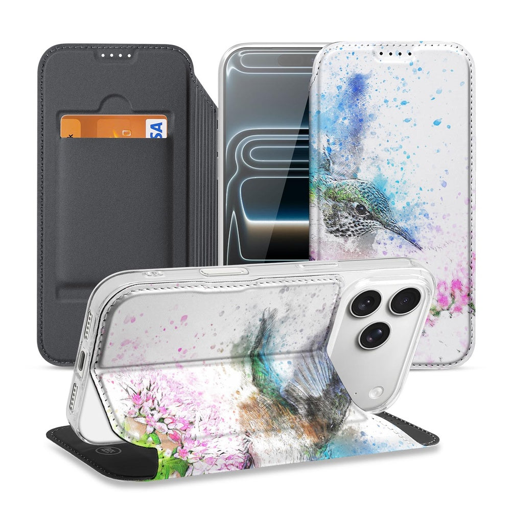 Apple iPhone 17 Pro Flip Style Cover Vogel boekstijl voorkant achterkant beschrijving bloemen vogels