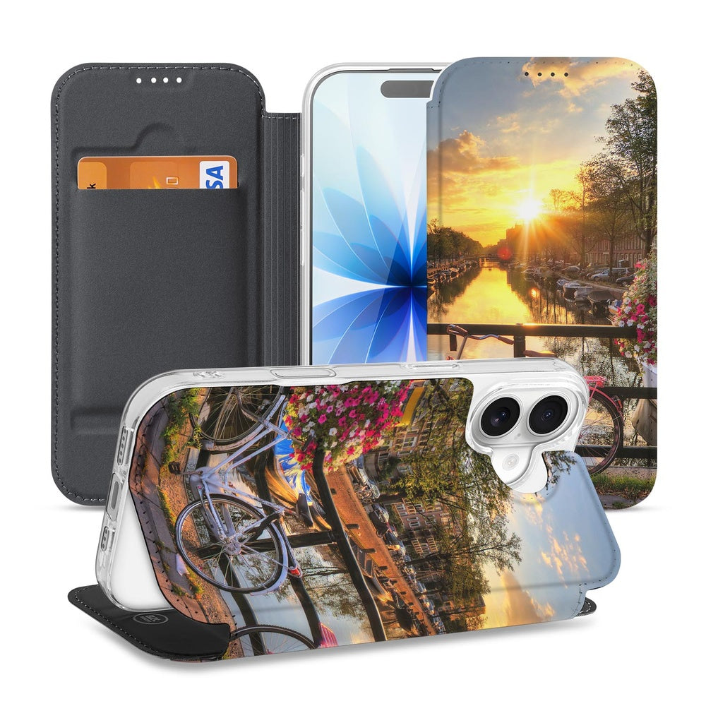 Apple iPhone 17 Book Cover Amsterdamse Grachten book cover voorkant achterkant zonsondergang