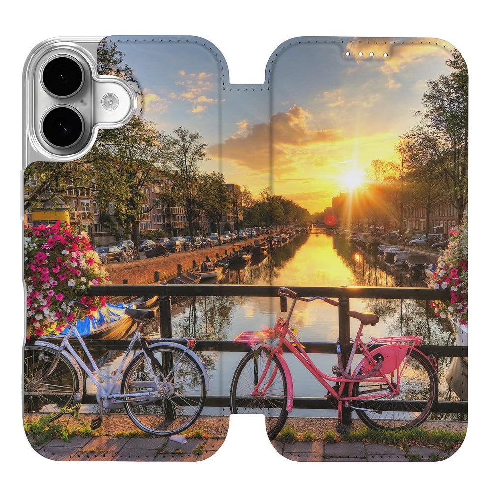Apple iPhone 17 Book Cover Amsterdamse Grachten boek hoesje zonsondergang fietsen