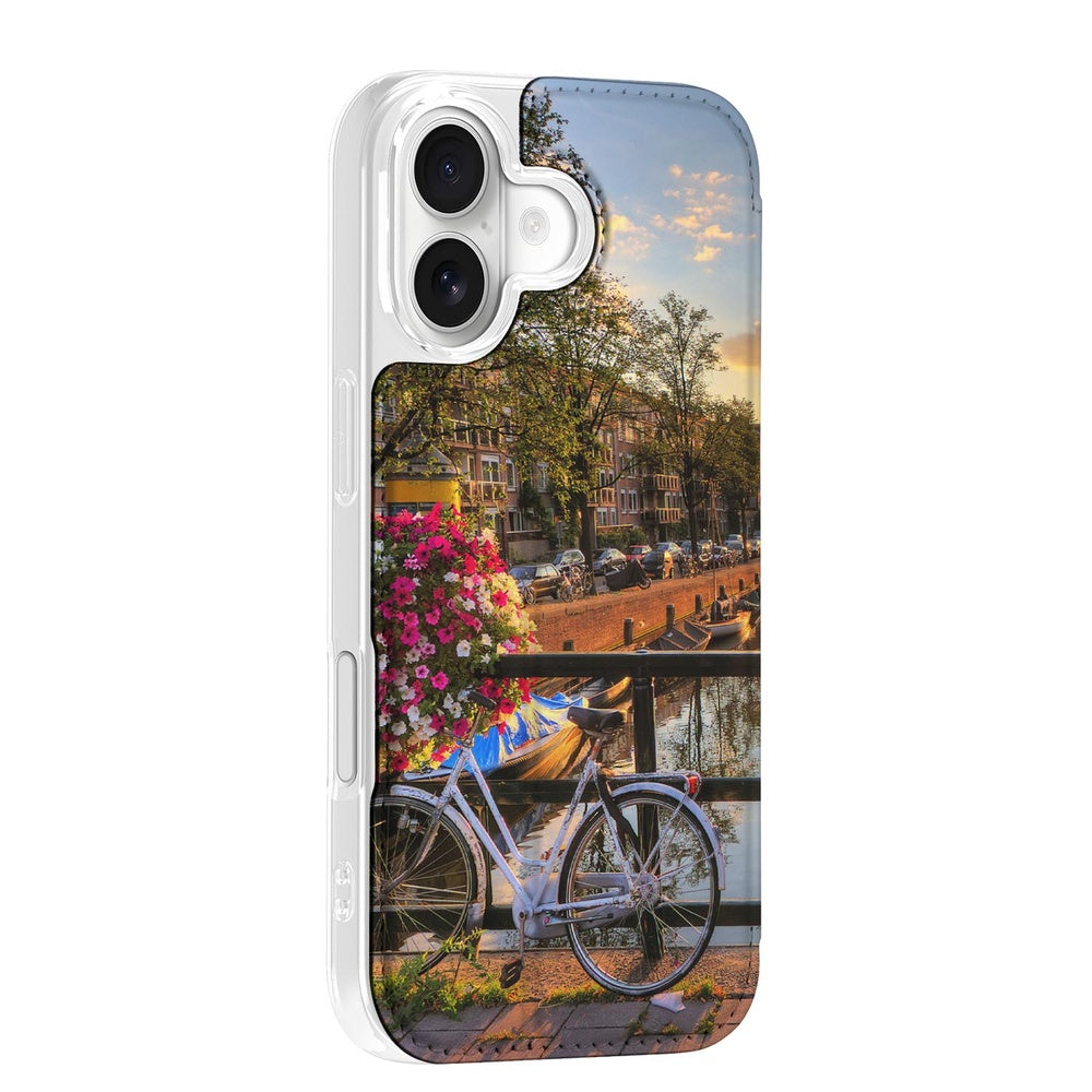 Apple iPhone 17 Book Cover Amsterdamse Grachten book cover fiets bloemen amsterdam