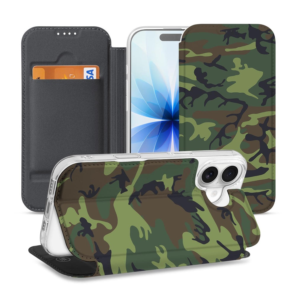 iPhone 17 Bookcase Army Dark camouflage design hoesje aanzicht