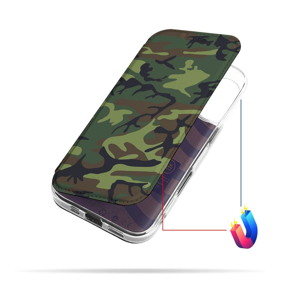 iPhone 17 Bookcase Army Dark bookcase camouflage design bovenaanzicht