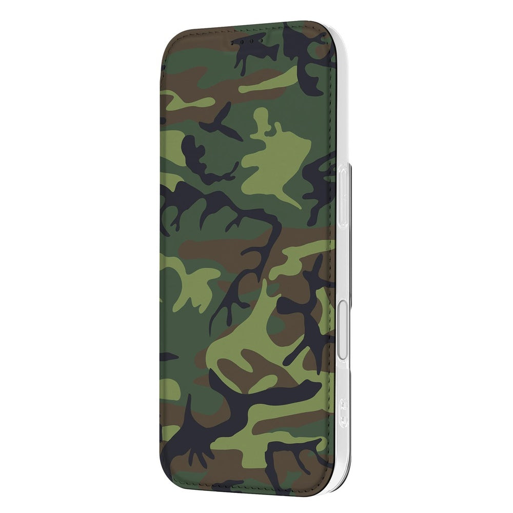 iPhone 17 Bookcase Army Dark bookcase camouflage ontwerp zijaanzicht