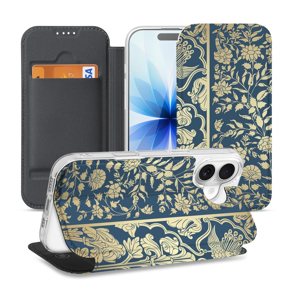 Apple iPhone 17 Smart Cover Hoesje Beige Flowers design bloemen donkerblauw aanzicht