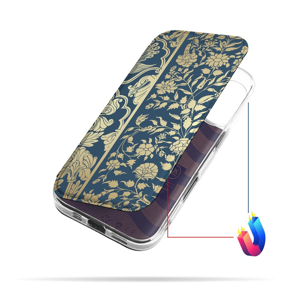 Apple iPhone 17 Smart Cover Hoesje Beige Flowers hoesje design bloemen beige donkerblauw aanzicht