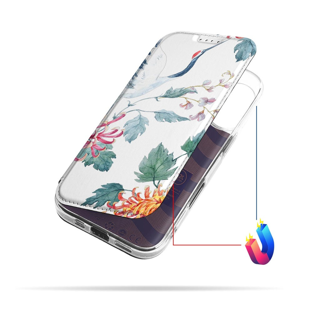 iPhone 17 Book Case Bird Flowers boek hoes design bovenaanzicht