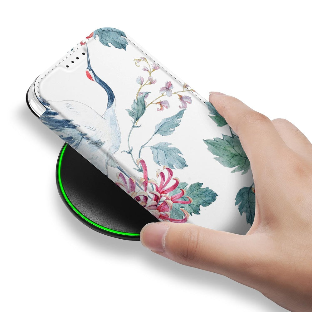 iPhone 17 Book Case Bird Flowers case design hand bovenop draadloze lader