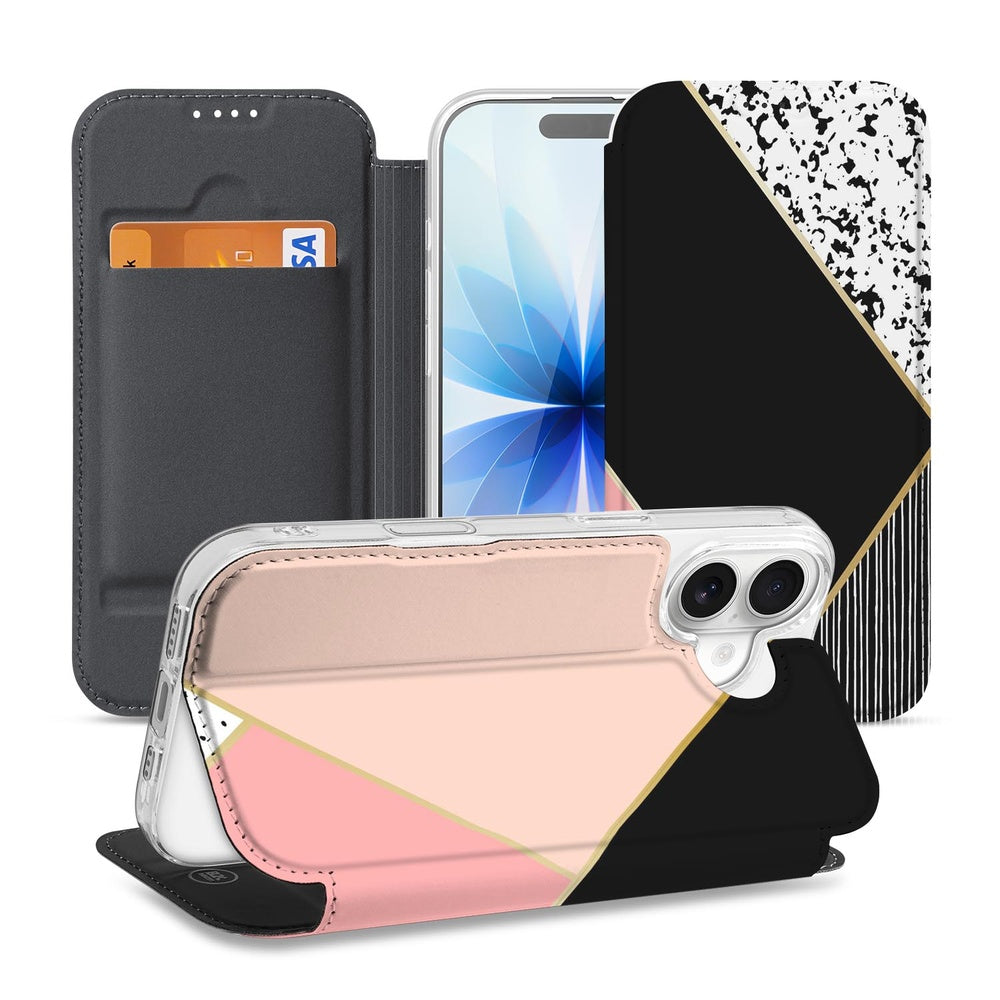 Apple iPhone 17 Book Case Black Pink Shapes bookcase zwart roze vormen aanzicht