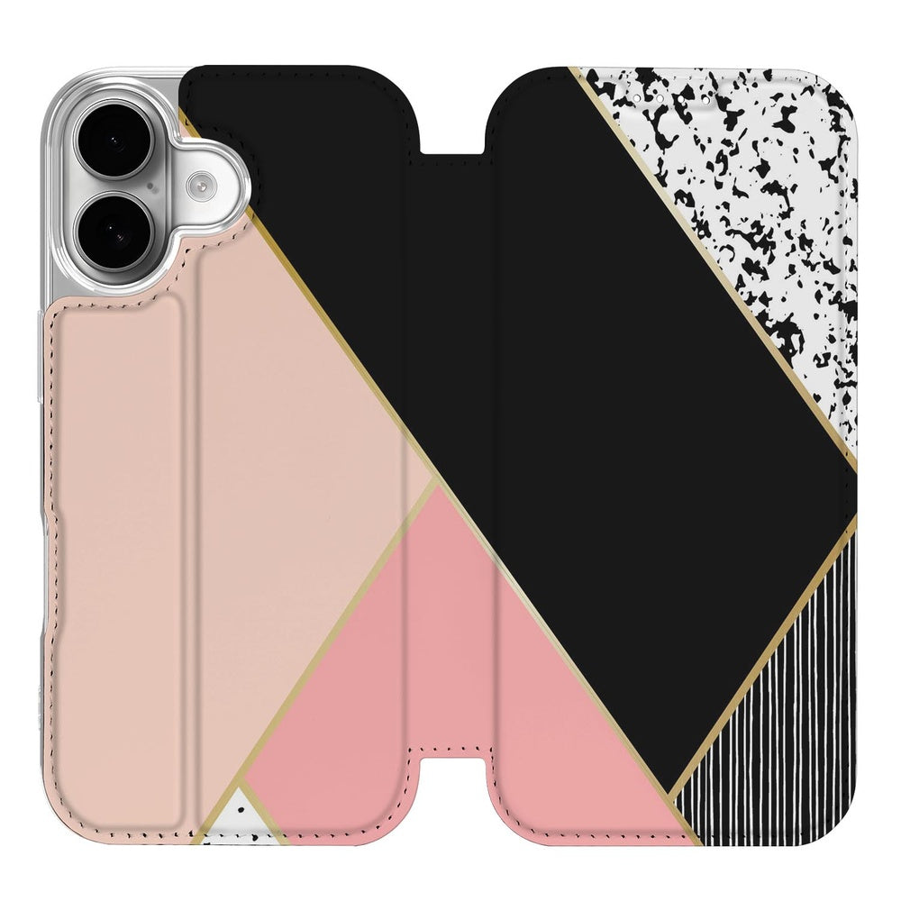 Apple iPhone 17 Book Case Black Pink Shapes boekhoes zwart roze vormen aanzicht