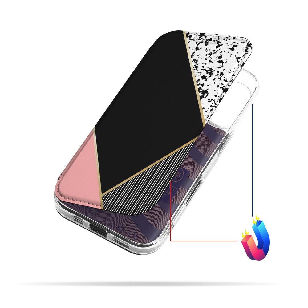 Apple iPhone 17 Book Case Black Pink Shapes design zwart roze vormen aanzicht