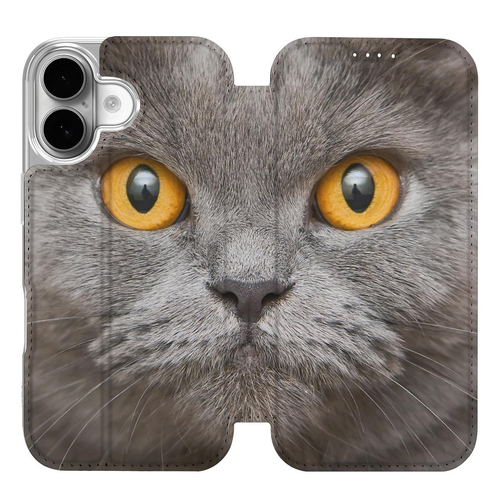 Apple iPhone 17 Book Wallet Case Britse Korthaar kat gezicht grijs oranje ogen