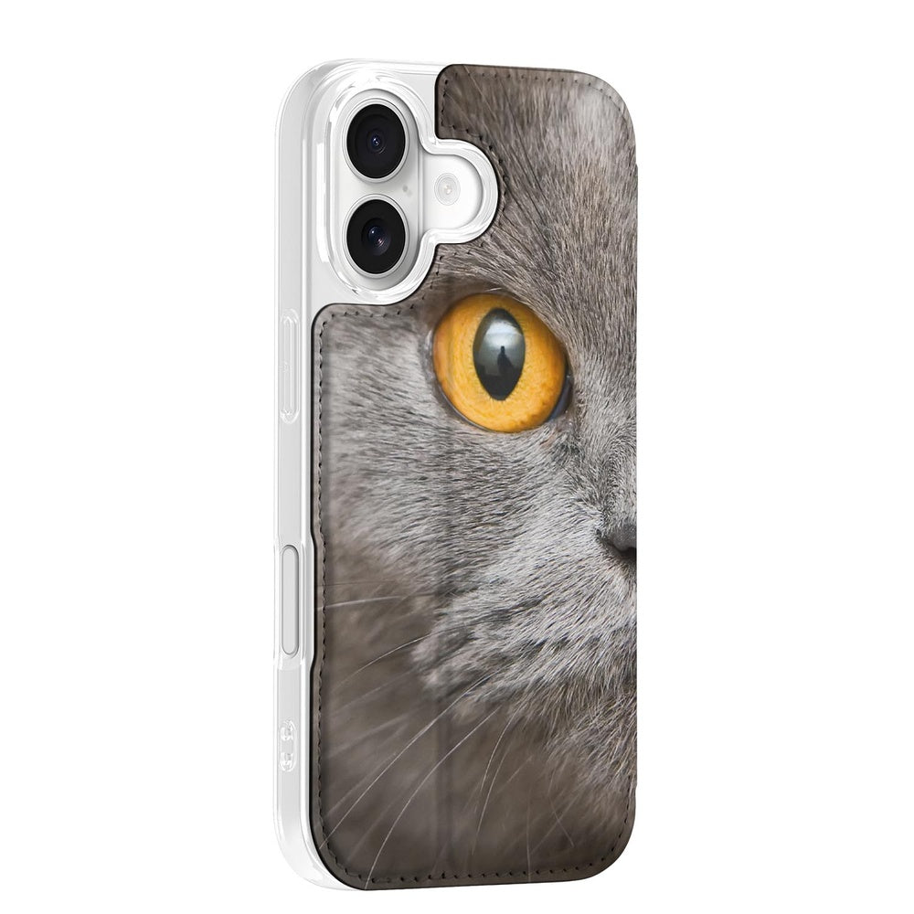 Apple iPhone 17 Book Wallet Case Britse Korthaar zijkant detail grijs goud oog