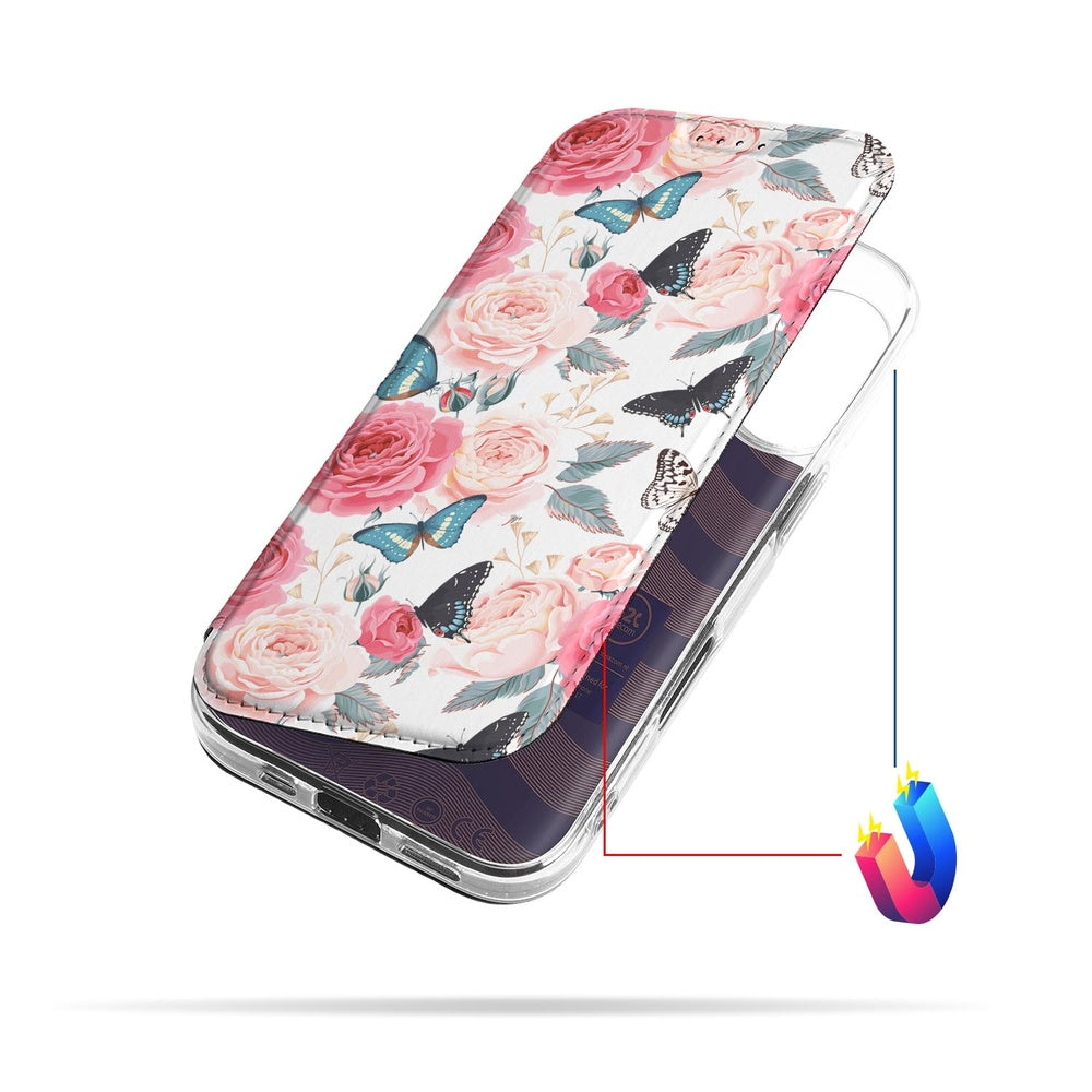 Apple iPhone 17 Flip Style Cover Butterfly Roses achterkant 3d aanzicht
