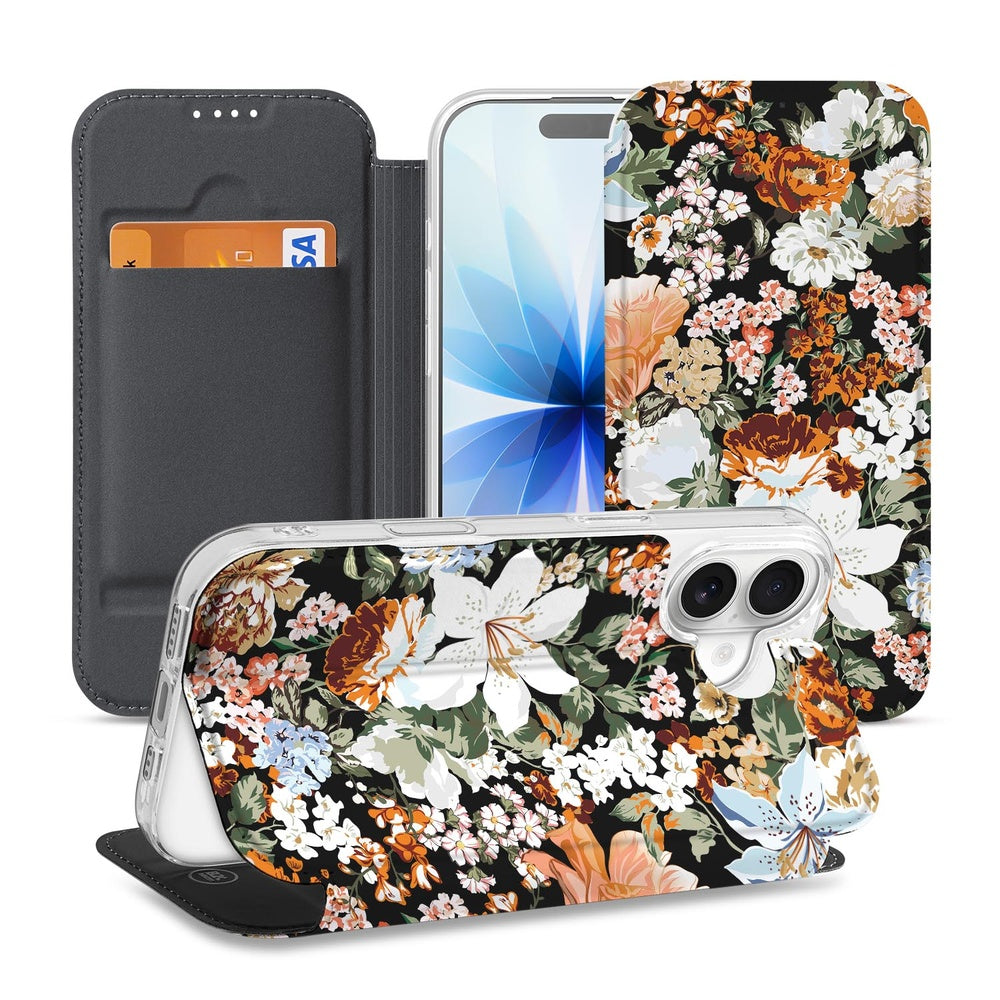 Apple iPhone 17 Smart Cover Hoesje Dark Flowers hoesje bloemen ontwerp achterzijde voorkant