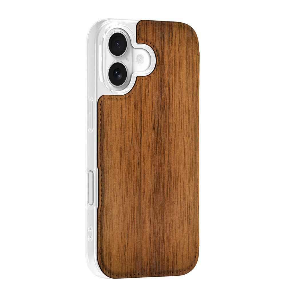 Apple iPhone 17 Wallet Case Donker Hout achterkant bruin design