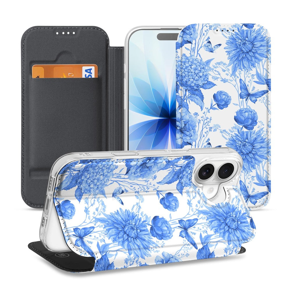 Apple iPhone 17 Book Case Flowers Blue bookcase bloemenprint blauw vooraanzicht achteraanzicht zijkant
