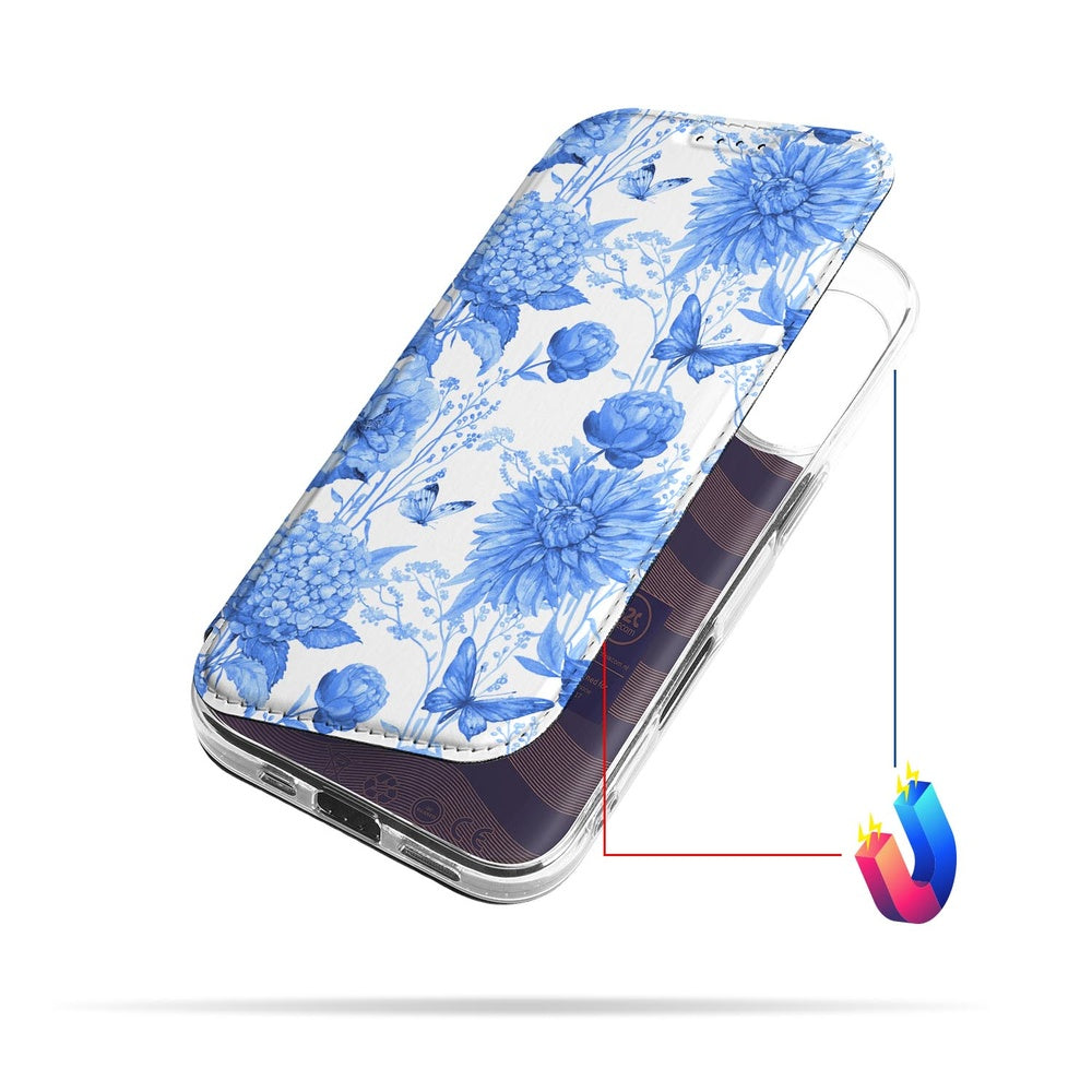 Apple iPhone 17 Book Case Flowers Blue book case bloemen detail zijaanzicht