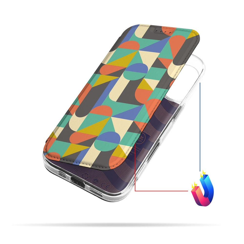 Apple iPhone 17 Book Cover Funky Retro hoesje design kleurrijke patronen aanzicht