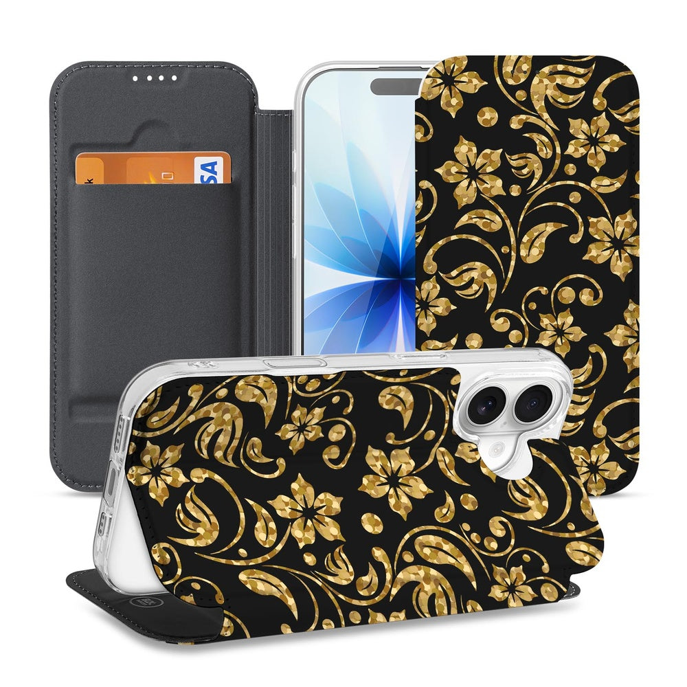 Book Wallet Case Apple iPhone 17 Gouden BloemenBC design gouden bloemen aanzicht