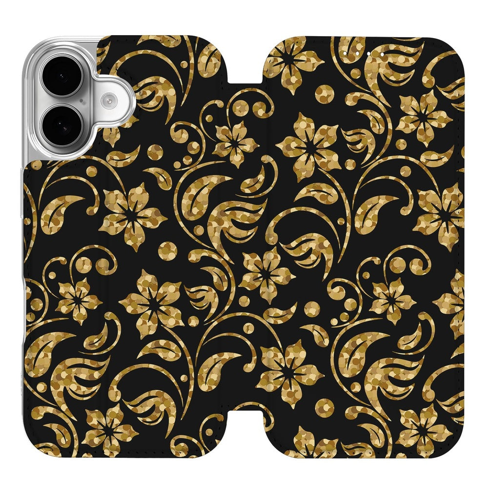 Book Wallet Case Apple iPhone 17 Gouden BloemenBC bloemenpatroon zwart