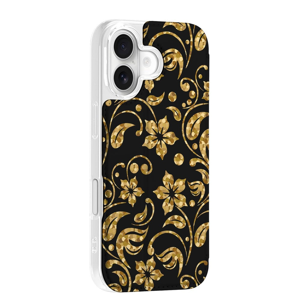Book Wallet Case Apple iPhone 17 Gouden BloemenBC ontwerp detail zijkant