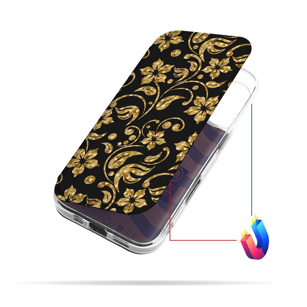 Book Wallet Case Apple iPhone 17 Gouden BloemenBC bloemen ontwerp aanzicht