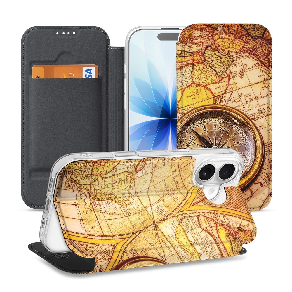 Wallet Case Apple iPhone 17 Kompas leren kaart print voorkant achterkant