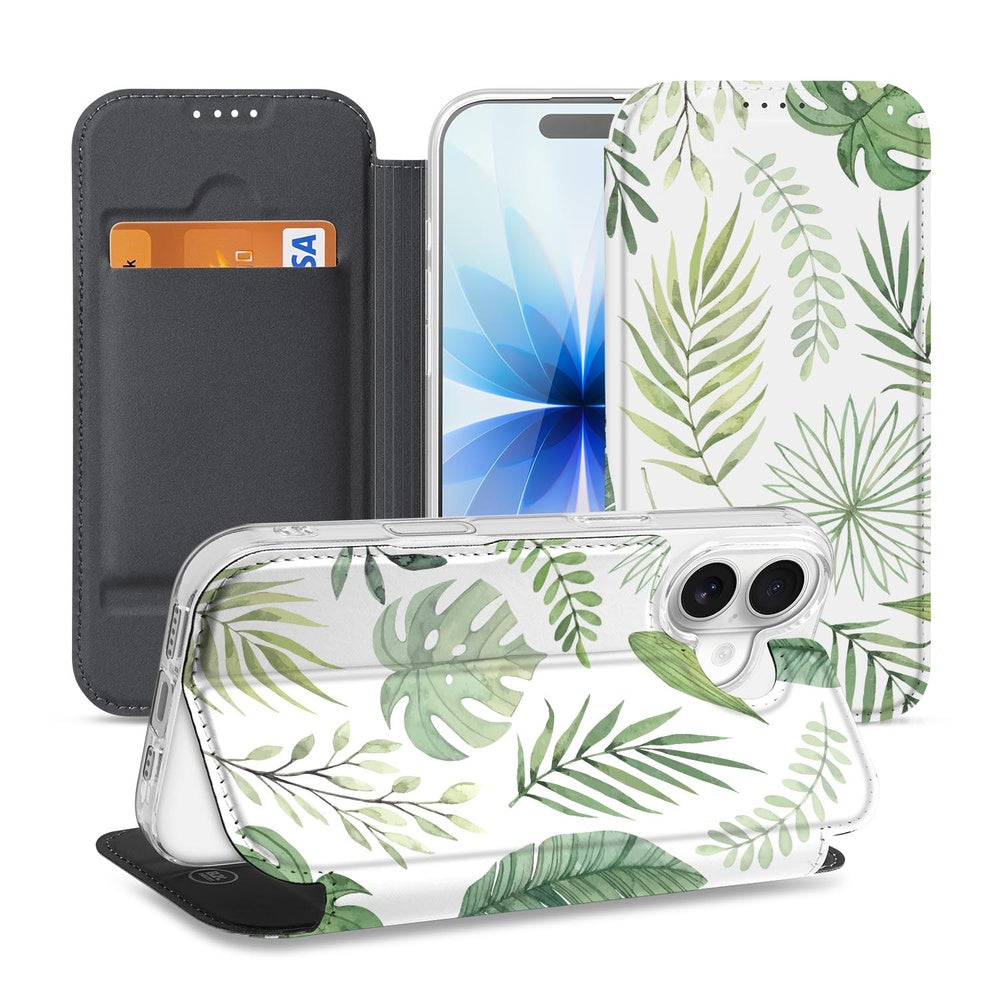 Telefoonhoesje Apple iPhone 17 Leaves book case vooraanzicht zijaanzicht