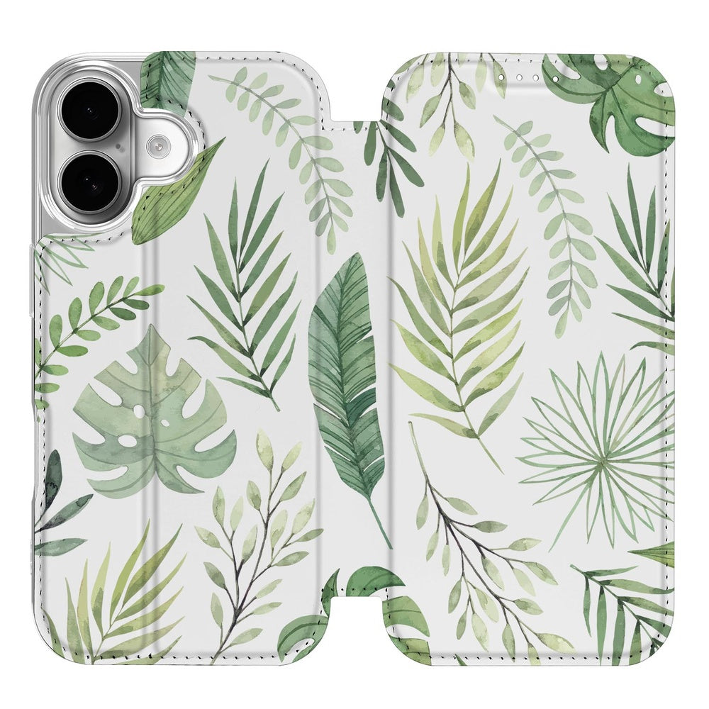 Telefoonhoesje Apple iPhone 17 Leaves bookcase bladeren groen vooraanzicht