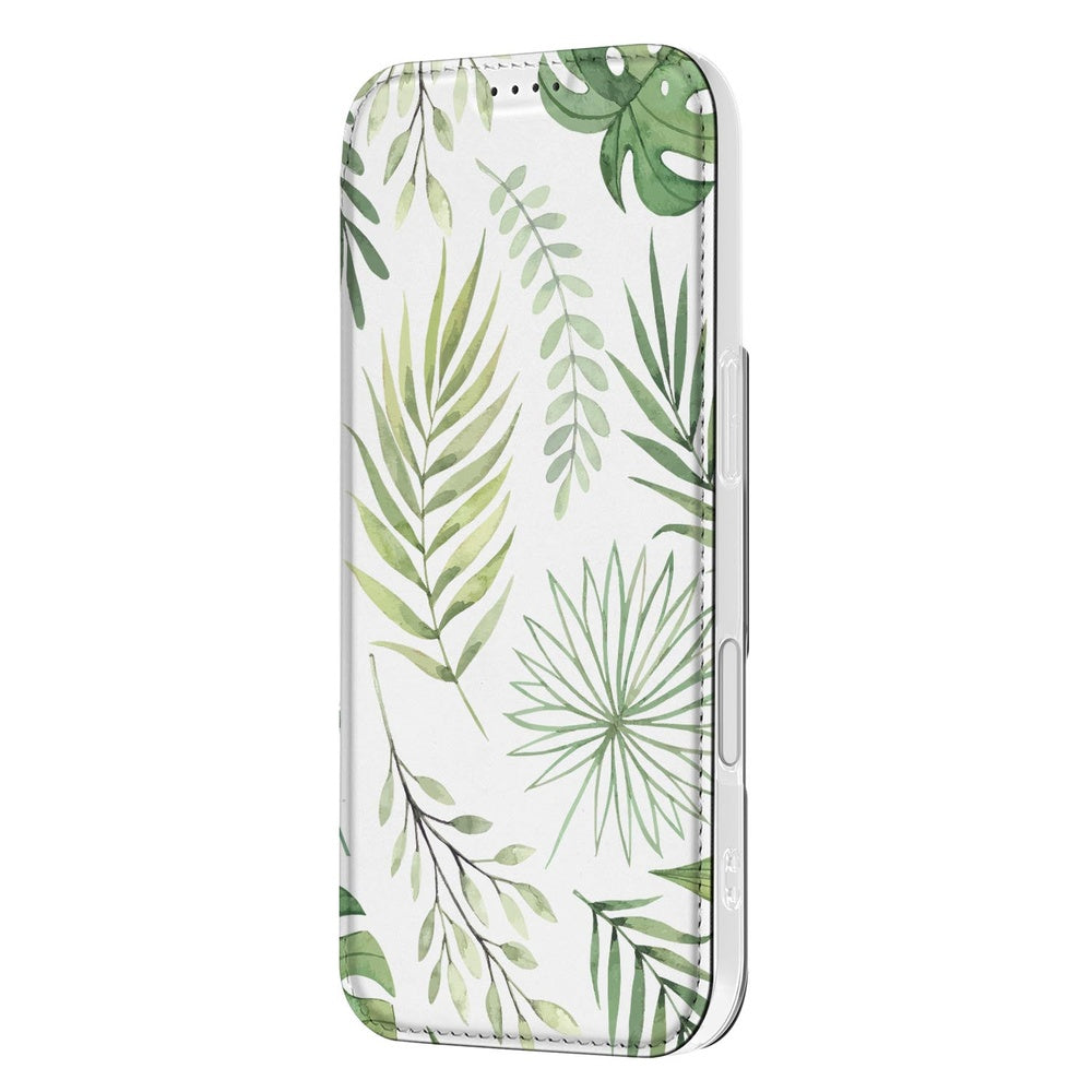 Telefoonhoesje Apple iPhone 17 Leaves book case groen bladeren design vooraanzicht