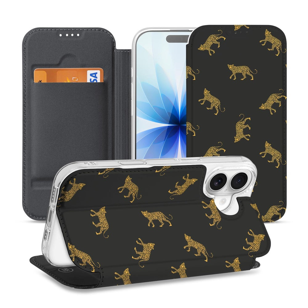 Standcase Hoesje Apple iPhone 17 Leopards book case leopards design zwart gouden print voorzijde