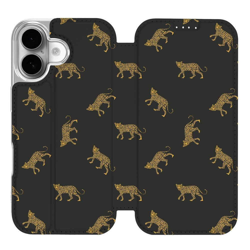 Standcase Hoesje Apple iPhone 17 Leopards bookcase leopards design zwart gouden print voorzijde