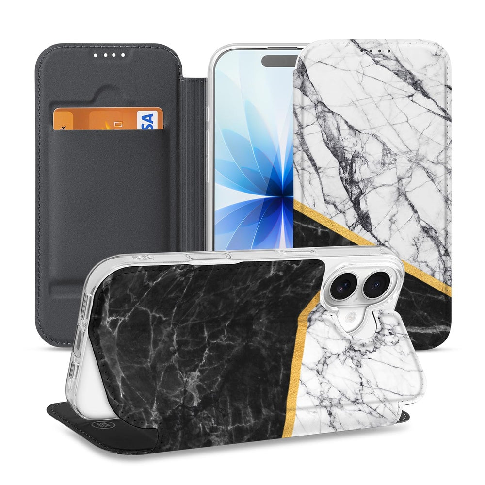 Stand Case Hoesje iPhone 17 Marble White Black design marmerstand case zwart wit aanzicht