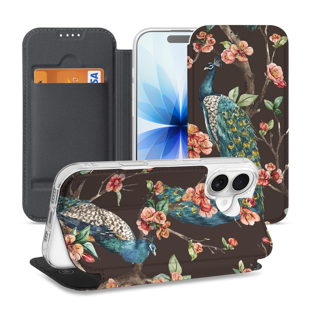 Book Cover Apple iPhone 17 Pauw met Bloemen hoesje design voorkant achterkant