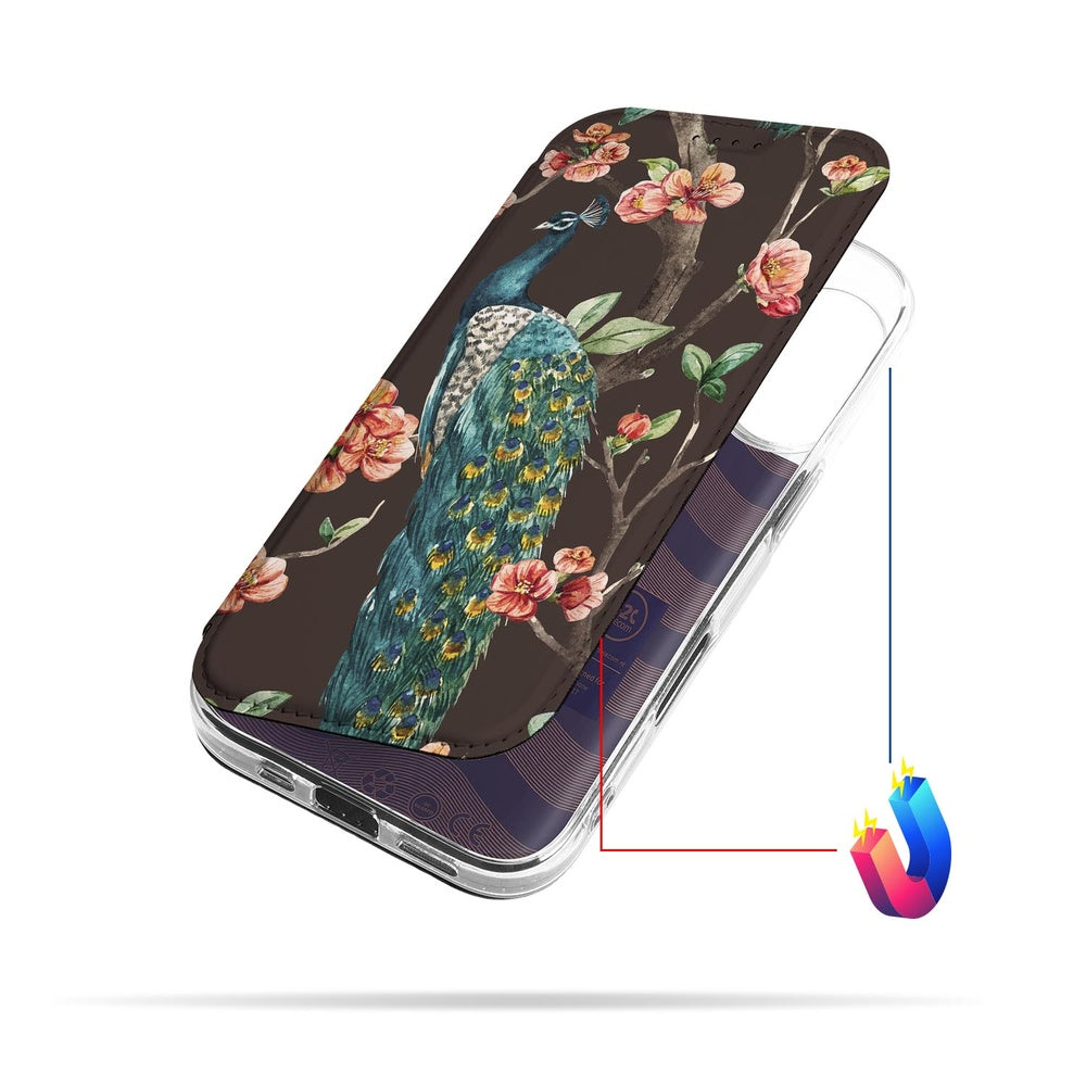 Book Cover Apple iPhone 17 Pauw met Bloemen hoesje zijaanzicht bloemen pauw design