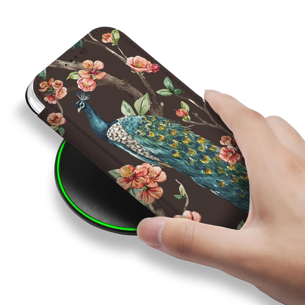 Book Cover Apple iPhone 17 Pauw met Bloemen hoesje hand aanzicht