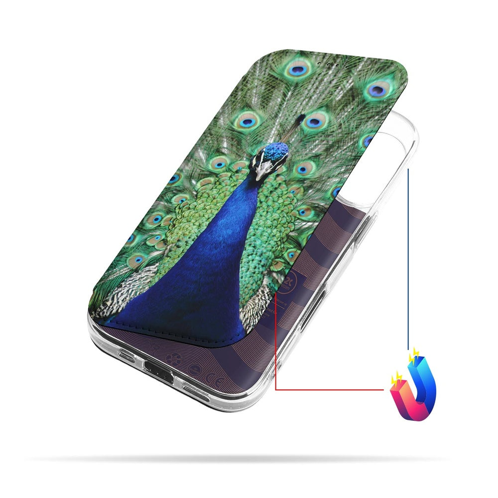 Book Case Apple iPhone 17 Pauw pauwenprint groen-blauw aanzicht