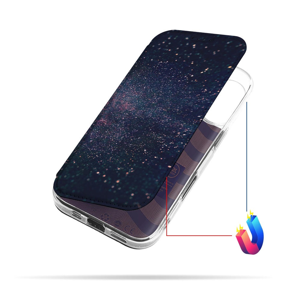 Flip Style Cover Apple iPhone 17 Stars design hoesje inktzwart sterrenmotief aanzicht