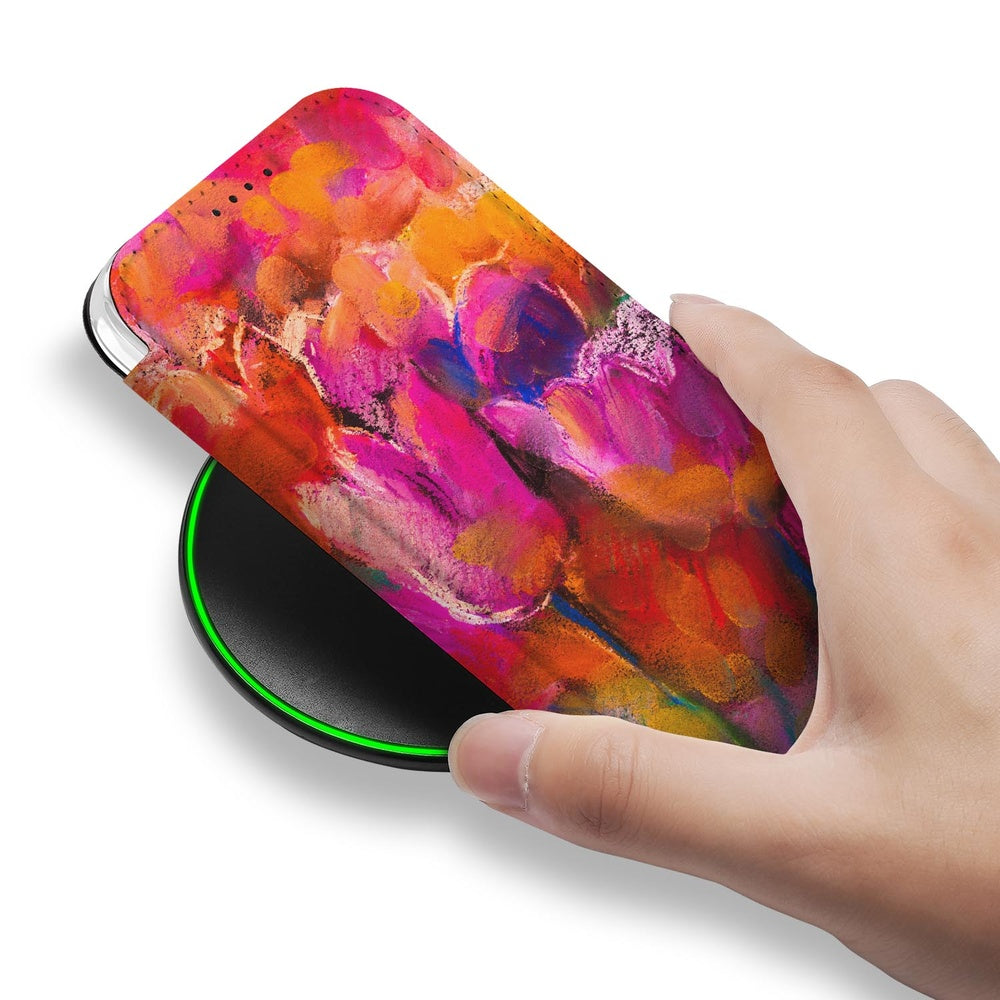 Book Case Apple iPhone 17 Tulips kleurige bloemen achterkant hand oplader