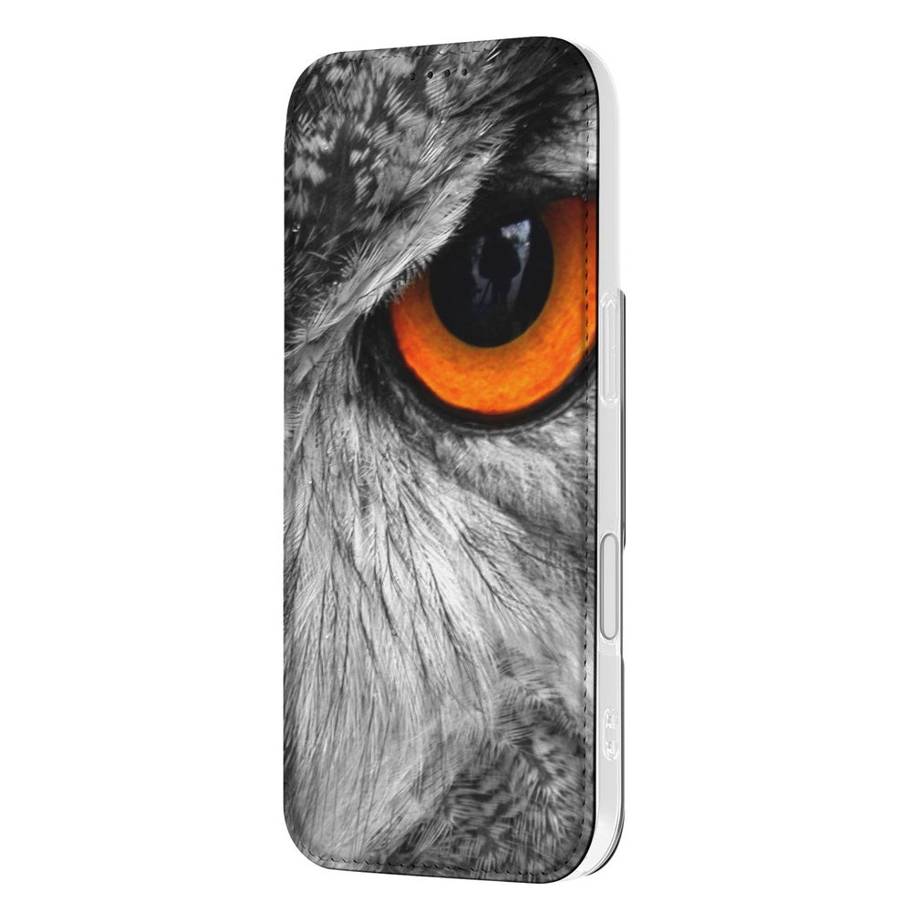 Book Case Apple iPhone 17 Uil uil-print design zwart oranje aanzicht
