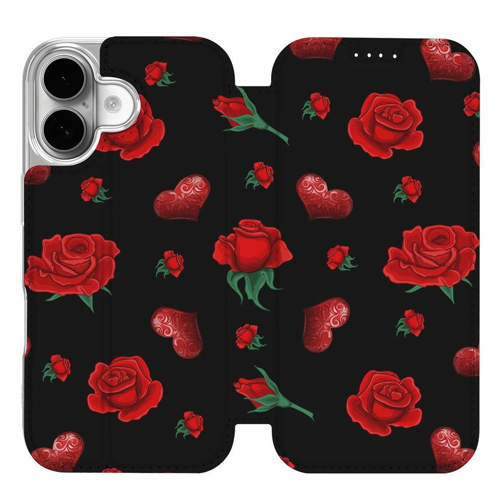 Book Cover Apple iPhone 17 Valentine design zwart met rode rozen hartjes aanzicht