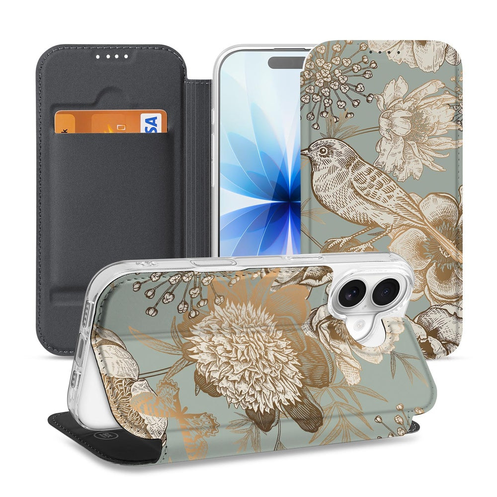 Apple iPhone 17 Flip Style Cover Vintage Bird Flowers design voorzijde zijaanzicht