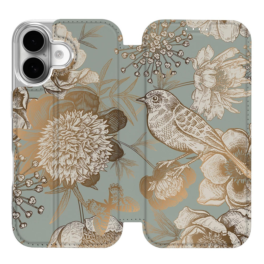 Apple iPhone 17 Flip Style Cover Vintage Bird Flowers bloemen design aanzicht