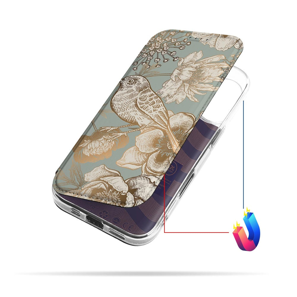 Apple iPhone 17 Flip Style Cover Vintage Bird Flowers achterkant omhoog vintage bloemendessin