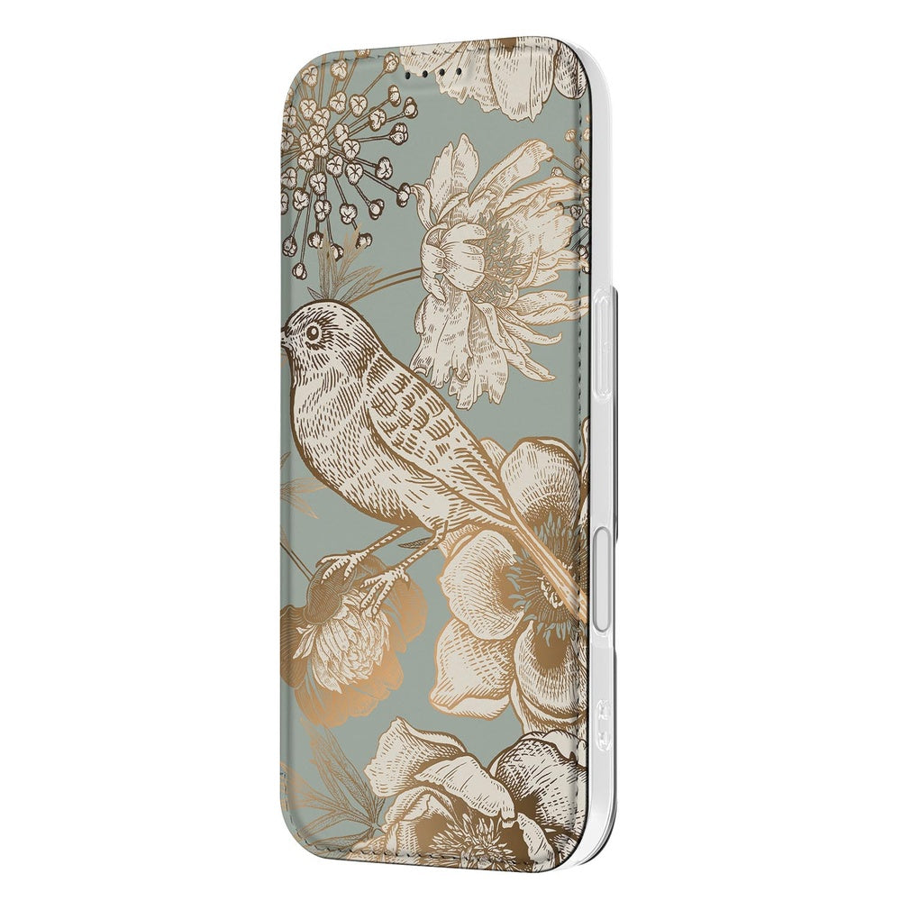 Apple iPhone 17 Flip Style Cover Vintage Bird Flowers design bloemschema aanzicht