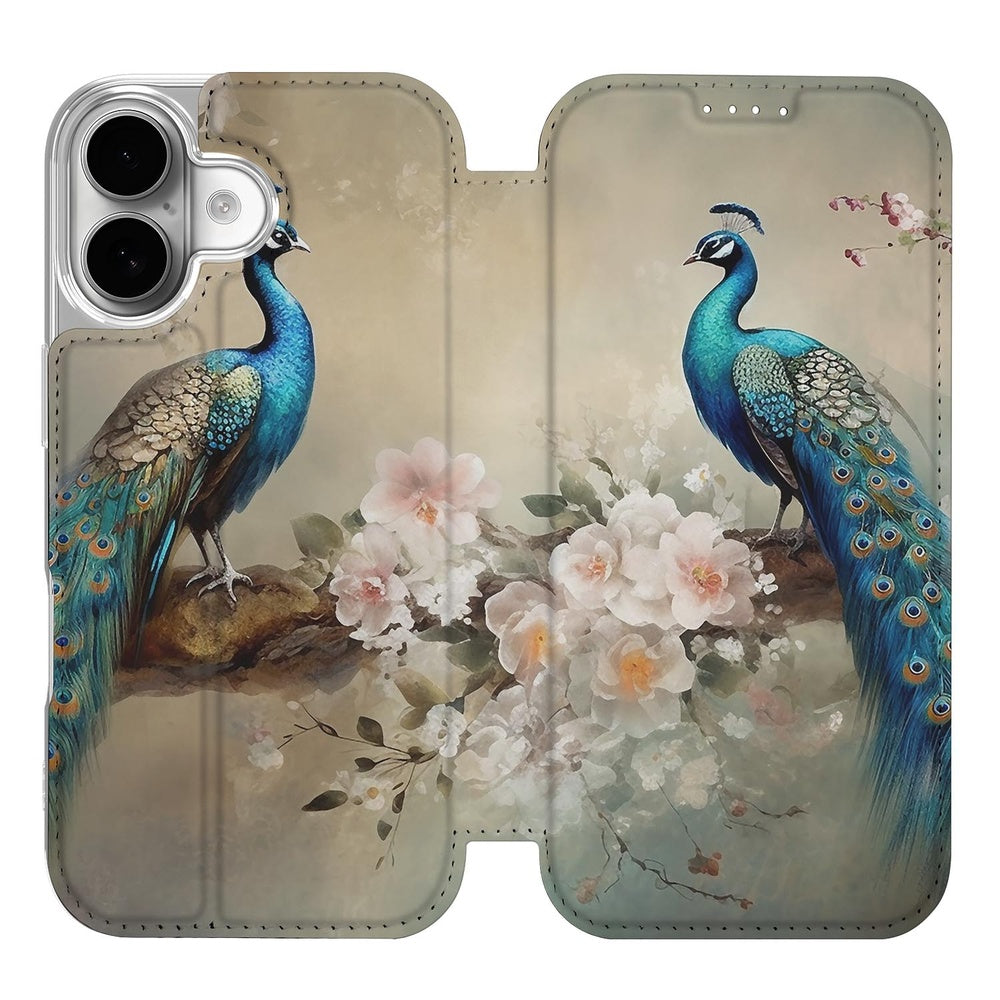 Apple iPhone 17 Standcase Hoesje Vintage Pauwen pauwenprint bloemen design vooraanzicht