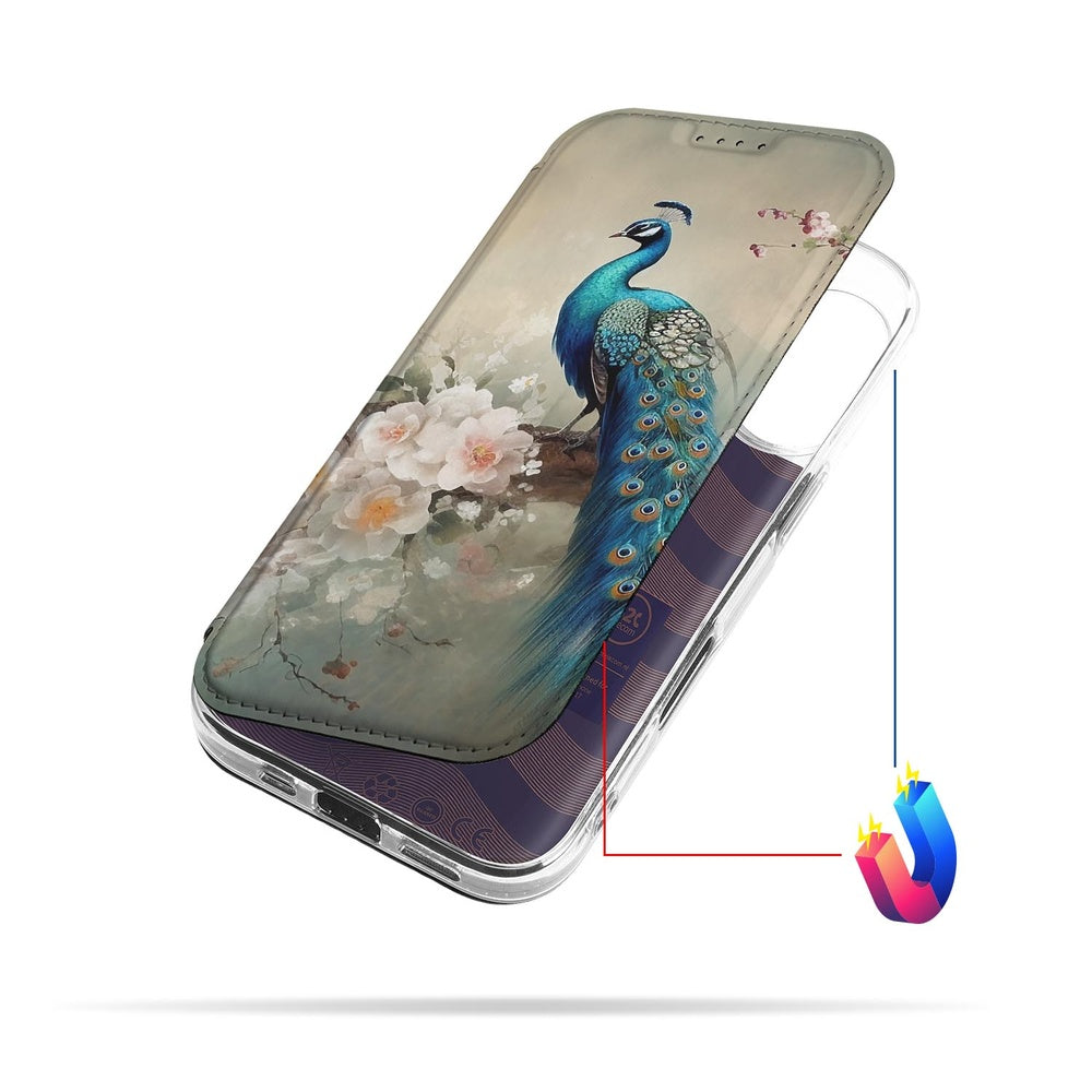 Apple iPhone 17 Standcase Hoesje Vintage Pauwen achterkant opengeslagen pauwenprint