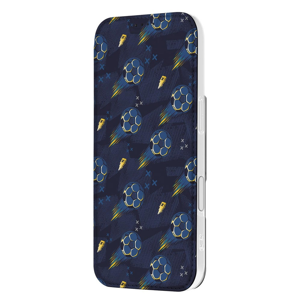 Apple iPhone 17 Standcase Hoesje Voetbal design voetballen blauw zijkant