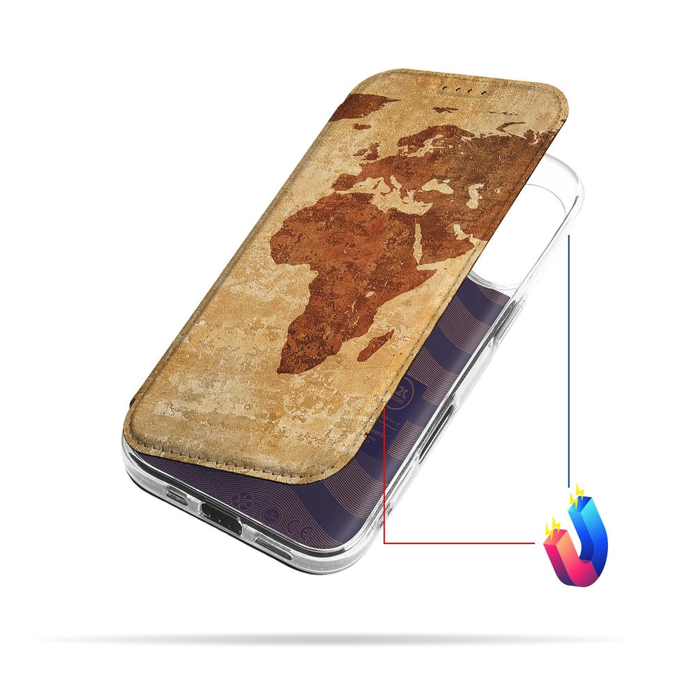 Apple iPhone 17 Book Case Wereldkaart boekcase wereldkaart design aanzicht